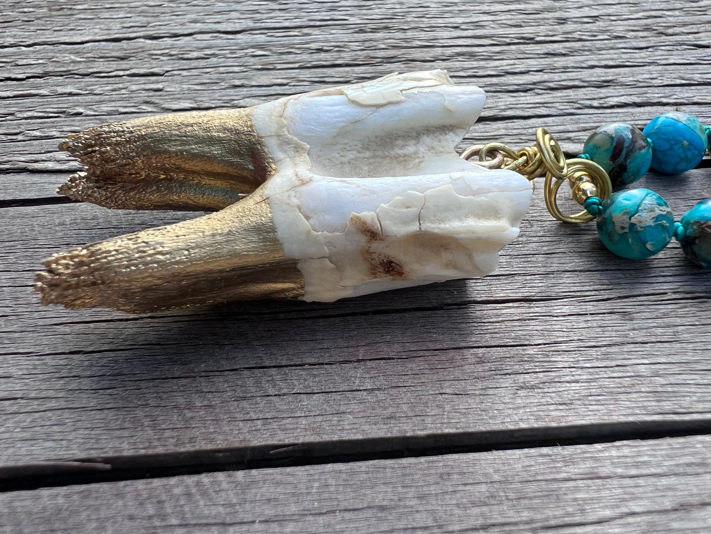 A-s-k and receive. Elk tooth pendant, brass wire, gold plated beads, jasper round beads, mala & bracelet. Elk tooth harvested from the forest after animal naturally died. Gratitude to the Earth for this exceptional life.