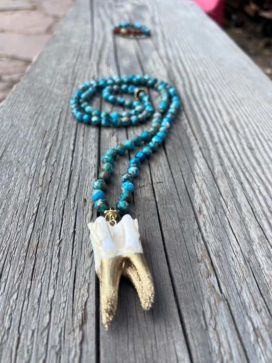 A-s-k and receive. Elk tooth pendant, brass wire, gold plated beads, jasper round beads, mala & bracelet. Elk tooth harvested from the forest after animal naturally died. Gratitude to the Earth for this exceptional life.