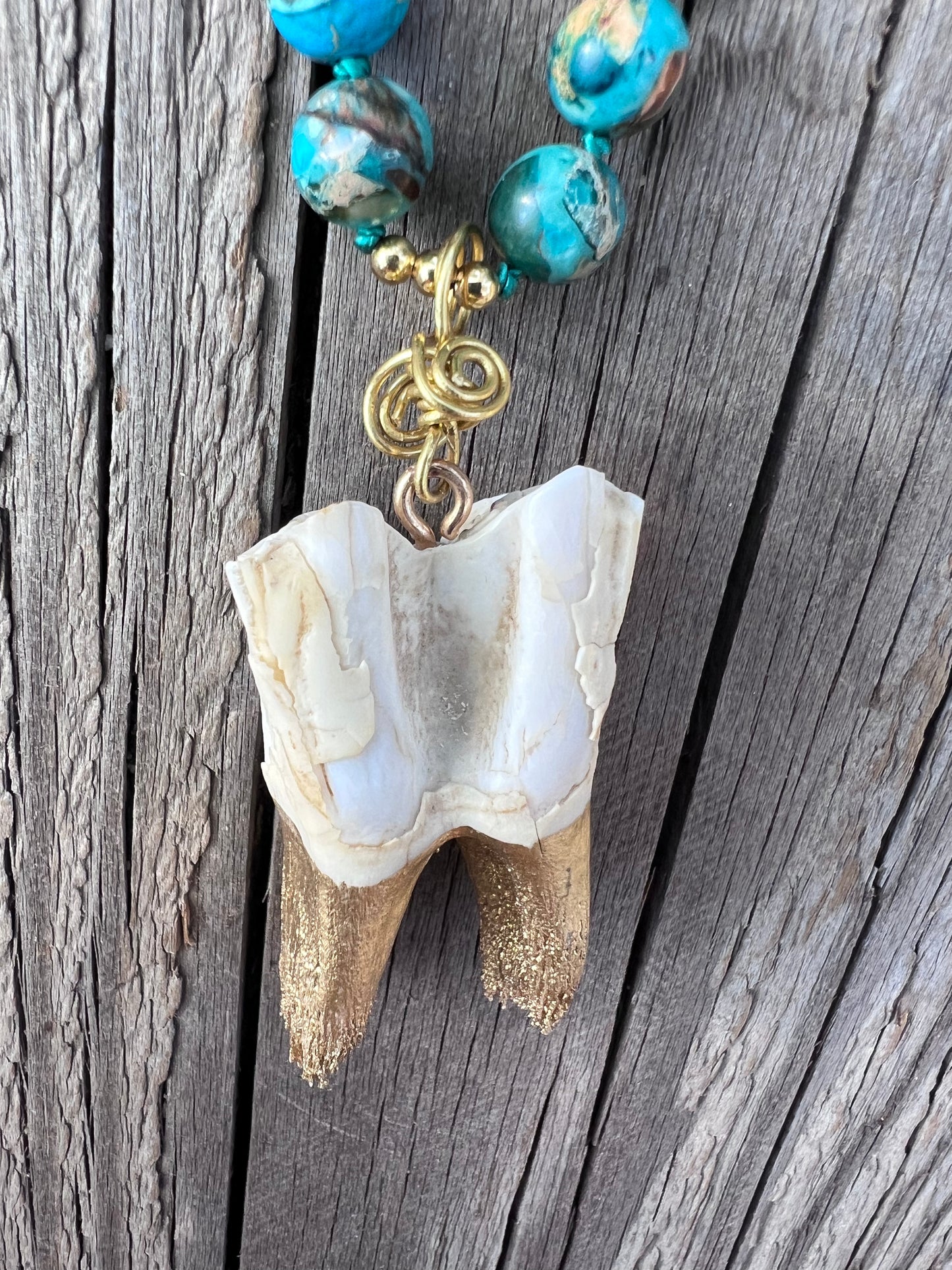 A-s-k and receive. Elk tooth pendant, brass wire, gold plated beads, jasper round beads, mala & bracelet. Elk tooth harvested from the forest after animal naturally died. Gratitude to the Earth for this exceptional life.