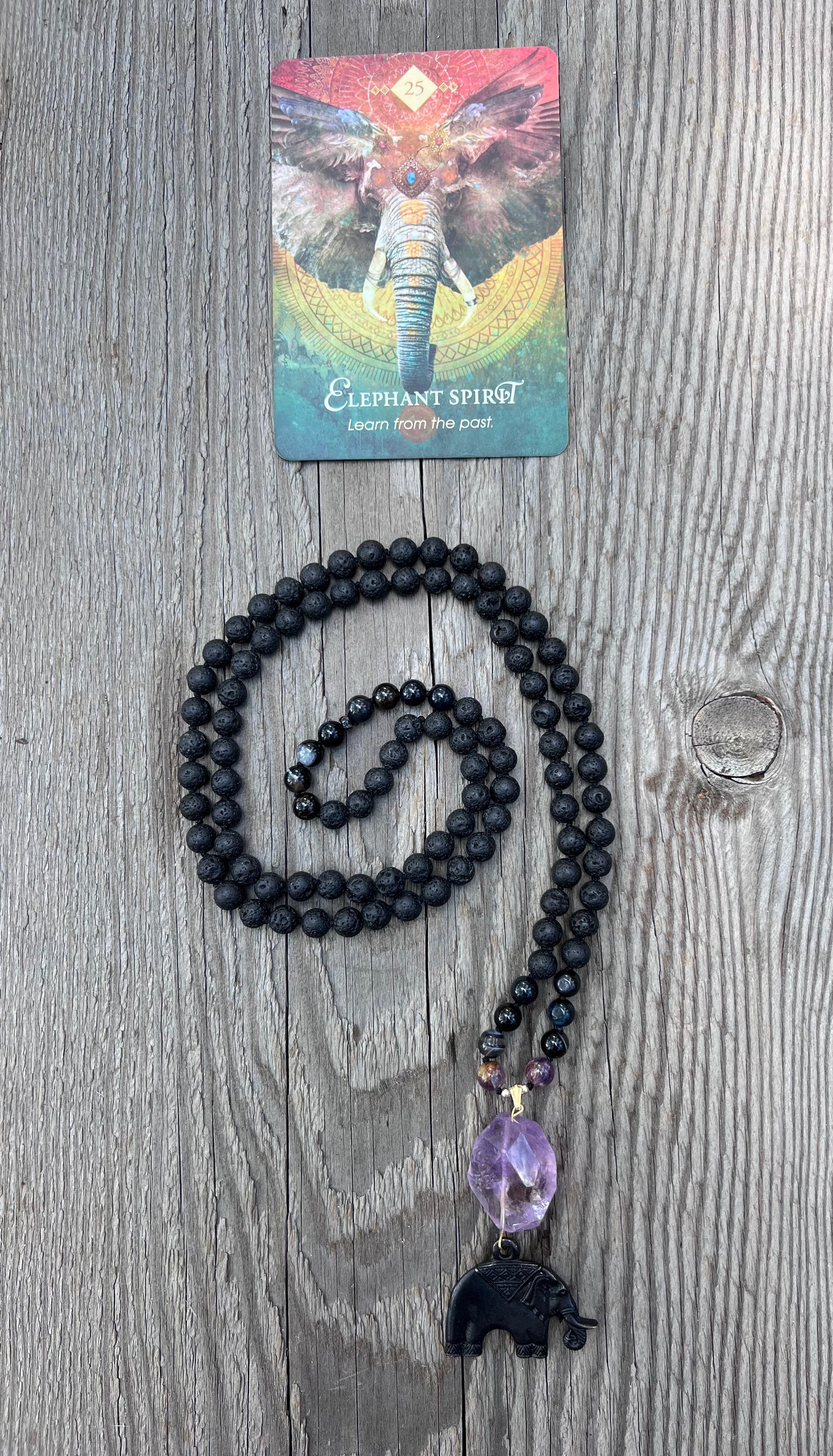 Amethyst pendant, agate & lava beads with elephant. Gold plated beads. Elephant spirit ~ 25 ~ Learn from the past.