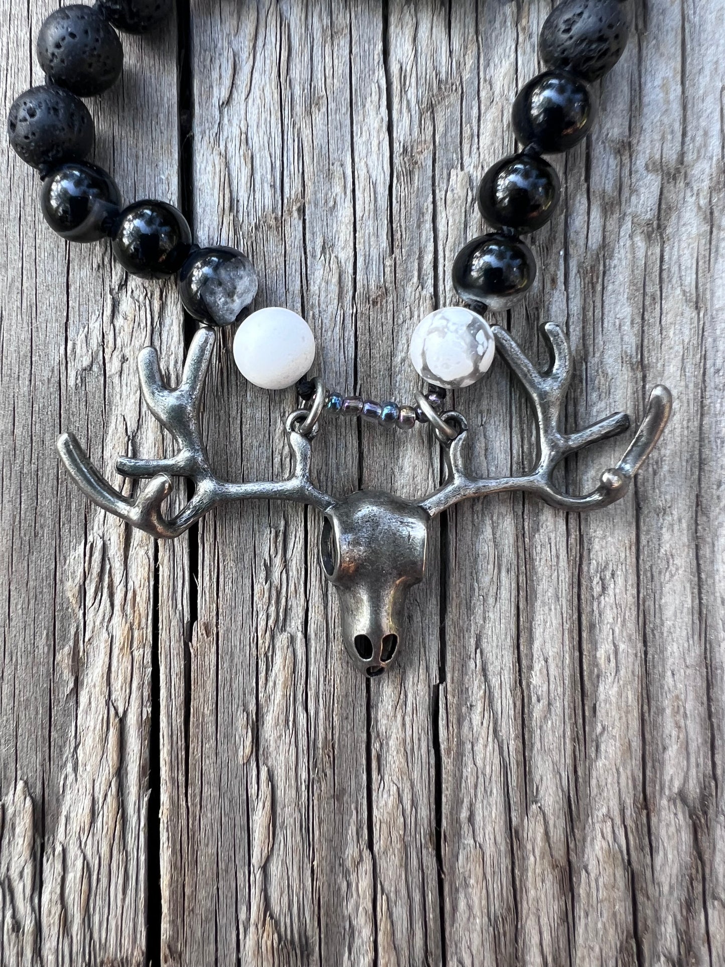Stag spirit ~ 58 ~ take the lead. Lave, agate, howlite mala & bracelet. Antlers to rebirth, bones to blood, movement to ash, life & death, light & dark mala