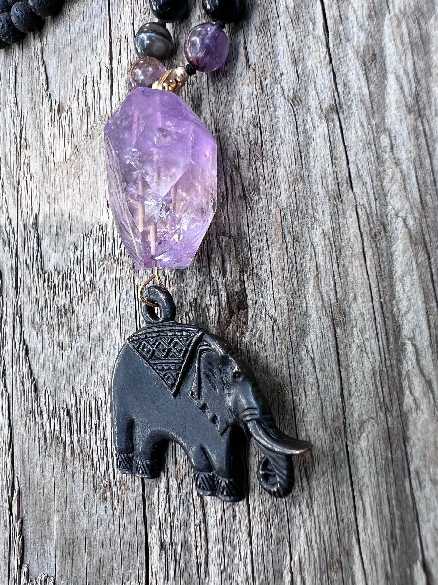 Amethyst pendant, agate & lava beads with elephant. Gold plated beads. Elephant spirit ~ 25 ~ Learn from the past.