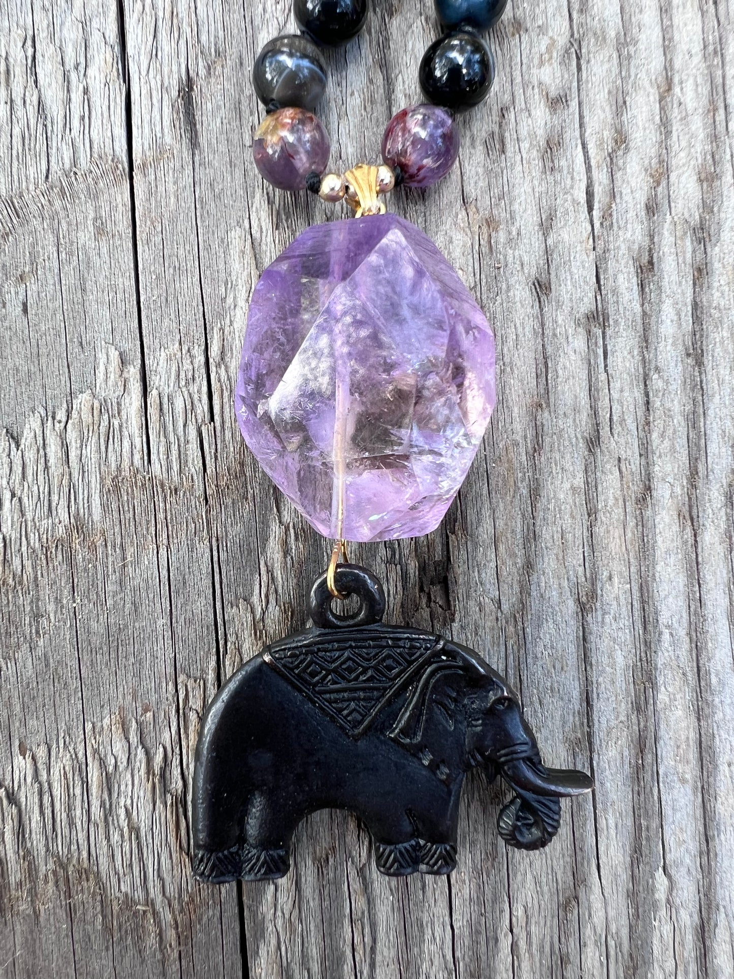 Amethyst pendant, agate & lava beads with elephant. Gold plated beads. Elephant spirit ~ 25 ~ Learn from the past.