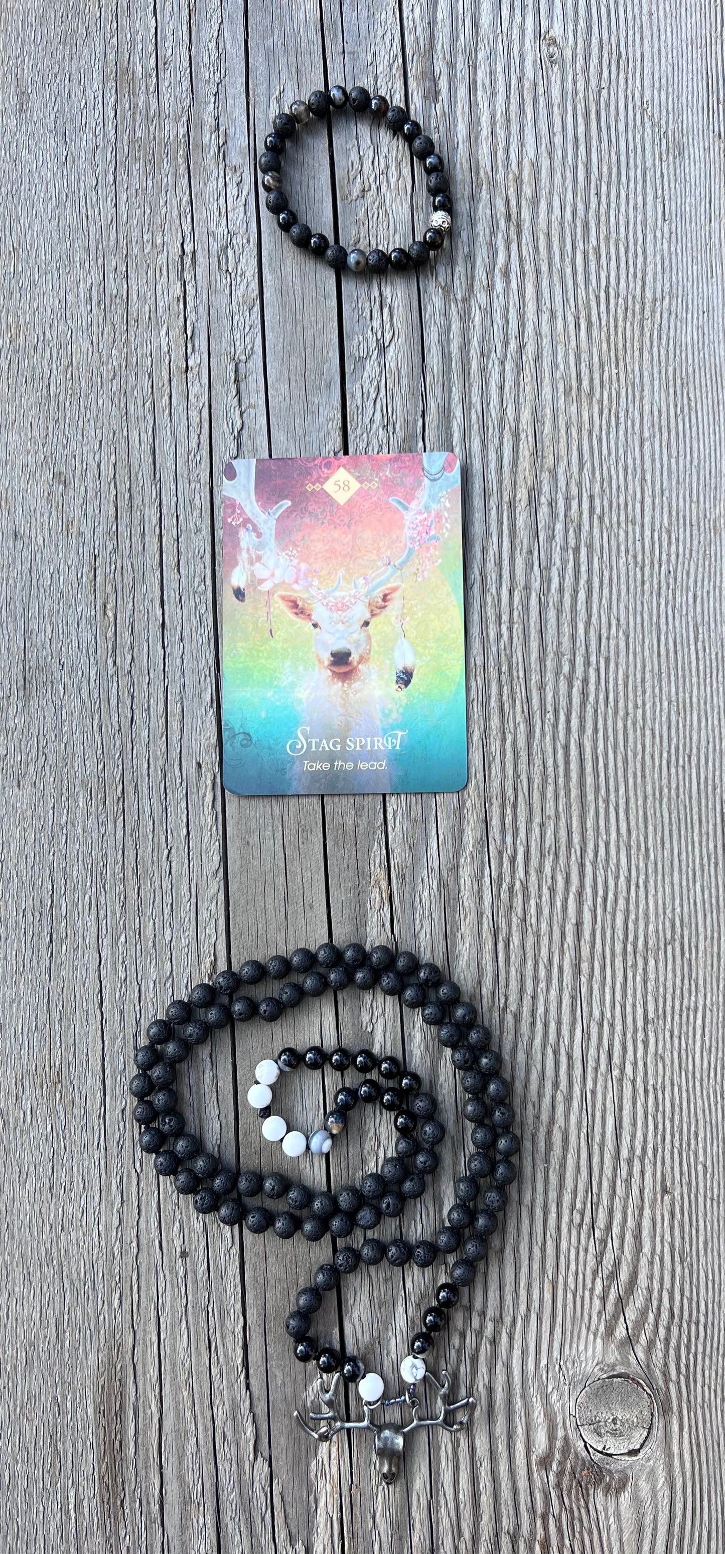 Stag spirit ~ 58 ~ take the lead. Lave, agate, howlite mala & bracelet. Antlers to rebirth, bones to blood, movement to ash, life & death, light & dark mala
