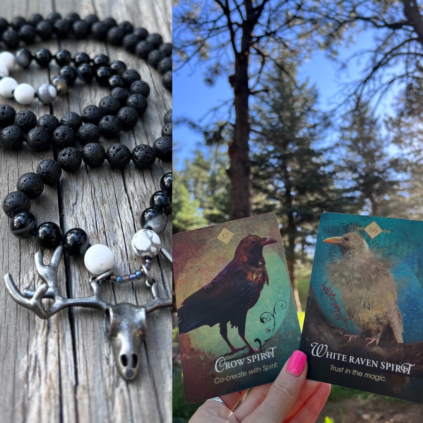 Stag spirit ~ 58 ~ take the lead. Lave, agate, howlite mala & bracelet. Antlers to rebirth, bones to blood, movement to ash, life & death, light & dark mala