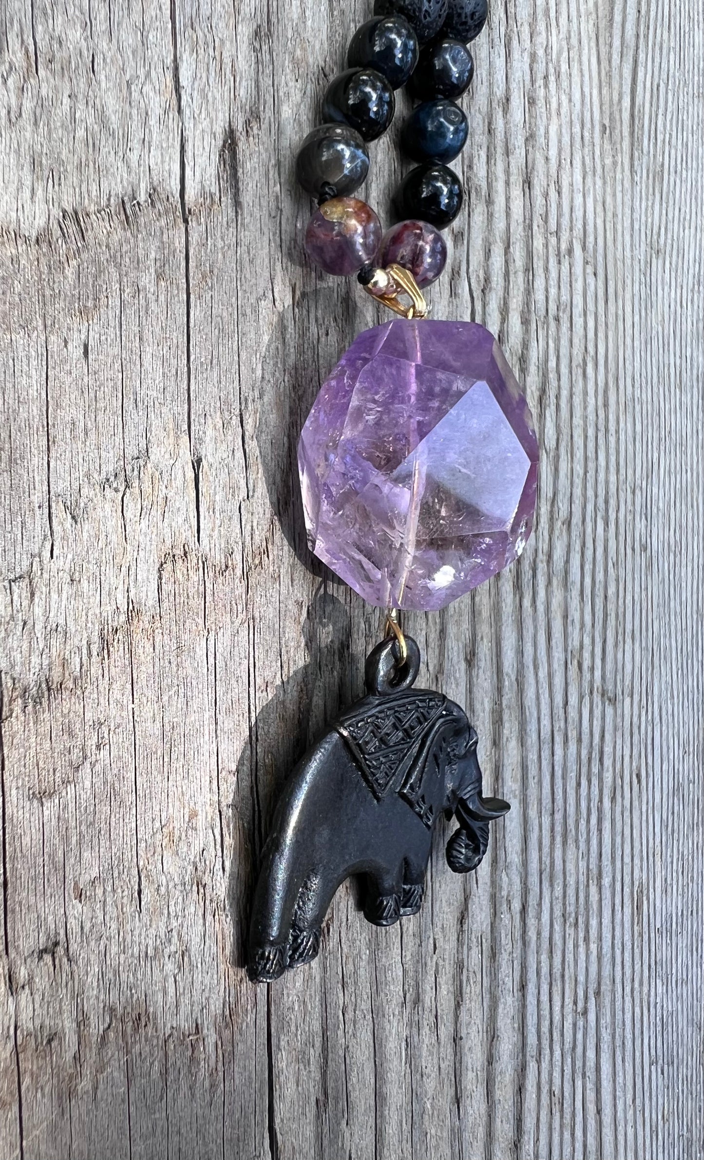Amethyst pendant, agate & lava beads with elephant. Gold plated beads. Elephant spirit ~ 25 ~ Learn from the past.