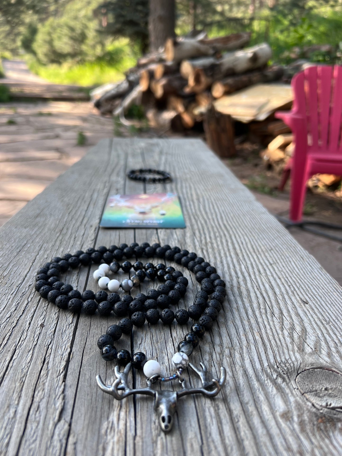 Stag spirit ~ 58 ~ take the lead. Lave, agate, howlite mala & bracelet. Antlers to rebirth, bones to blood, movement to ash, life & death, light & dark mala