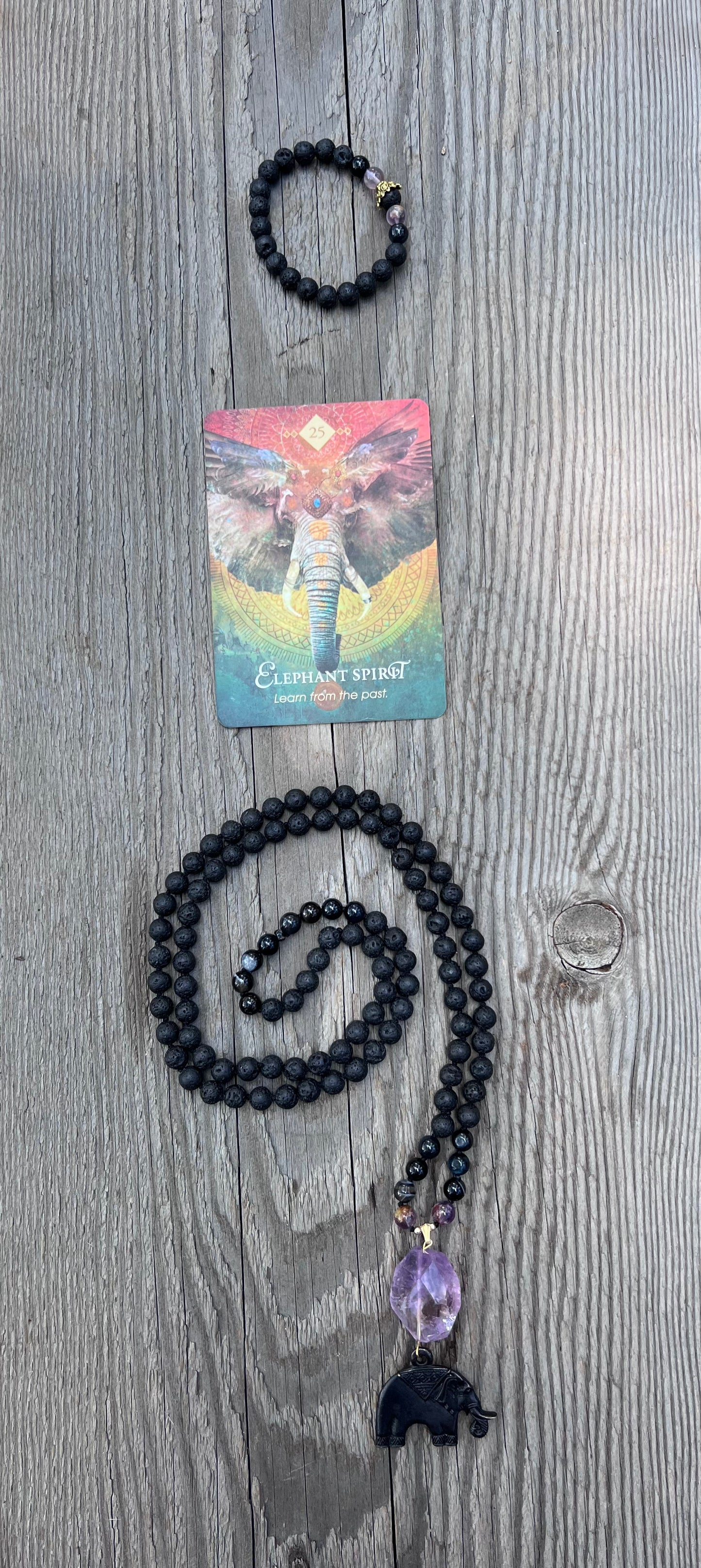Amethyst pendant, agate & lava beads with elephant. Gold plated beads. Elephant spirit ~ 25 ~ Learn from the past.