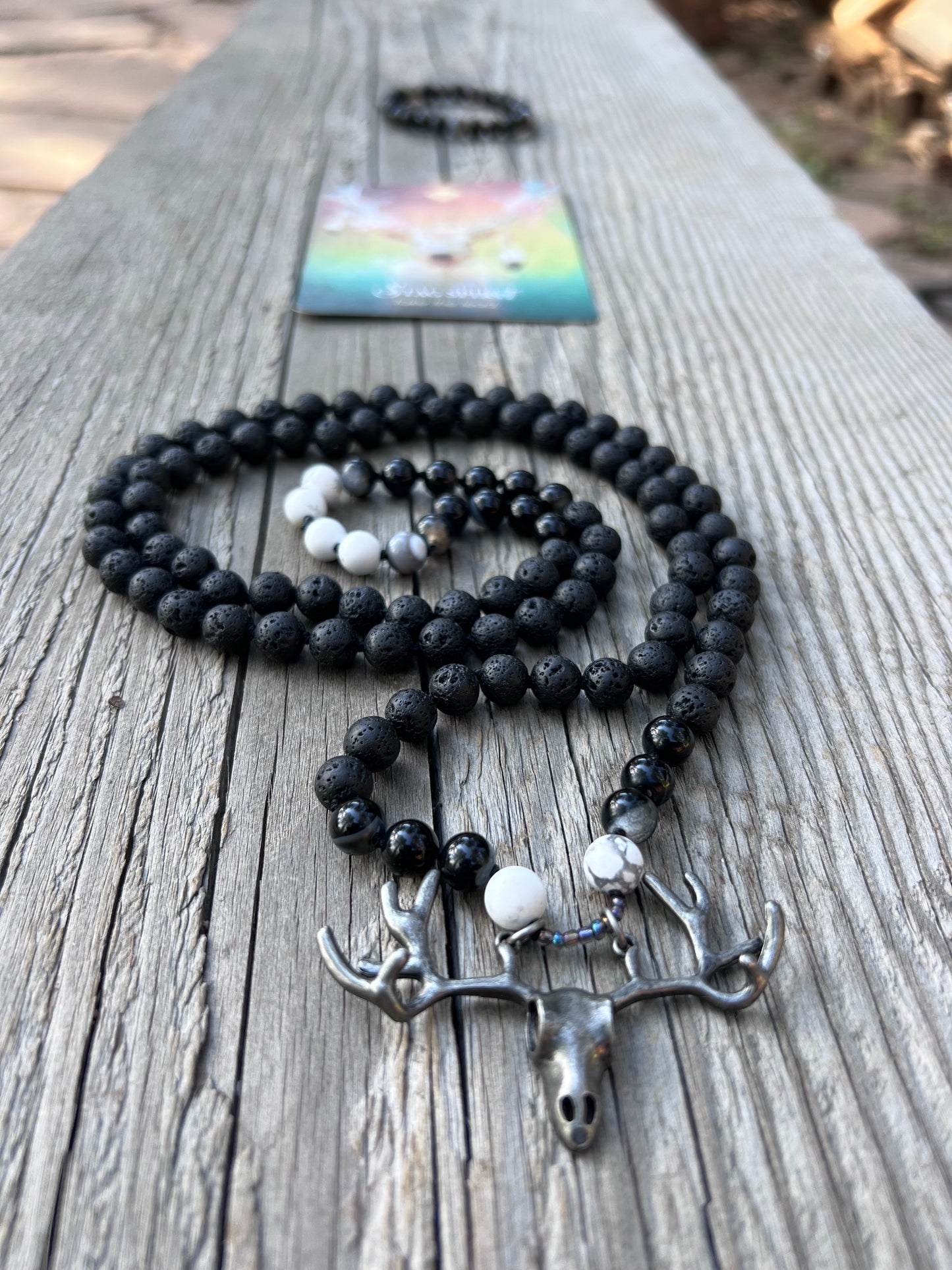 Stag spirit ~ 58 ~ take the lead. Lave, agate, howlite mala & bracelet. Antlers to rebirth, bones to blood, movement to ash, life & death, light & dark mala