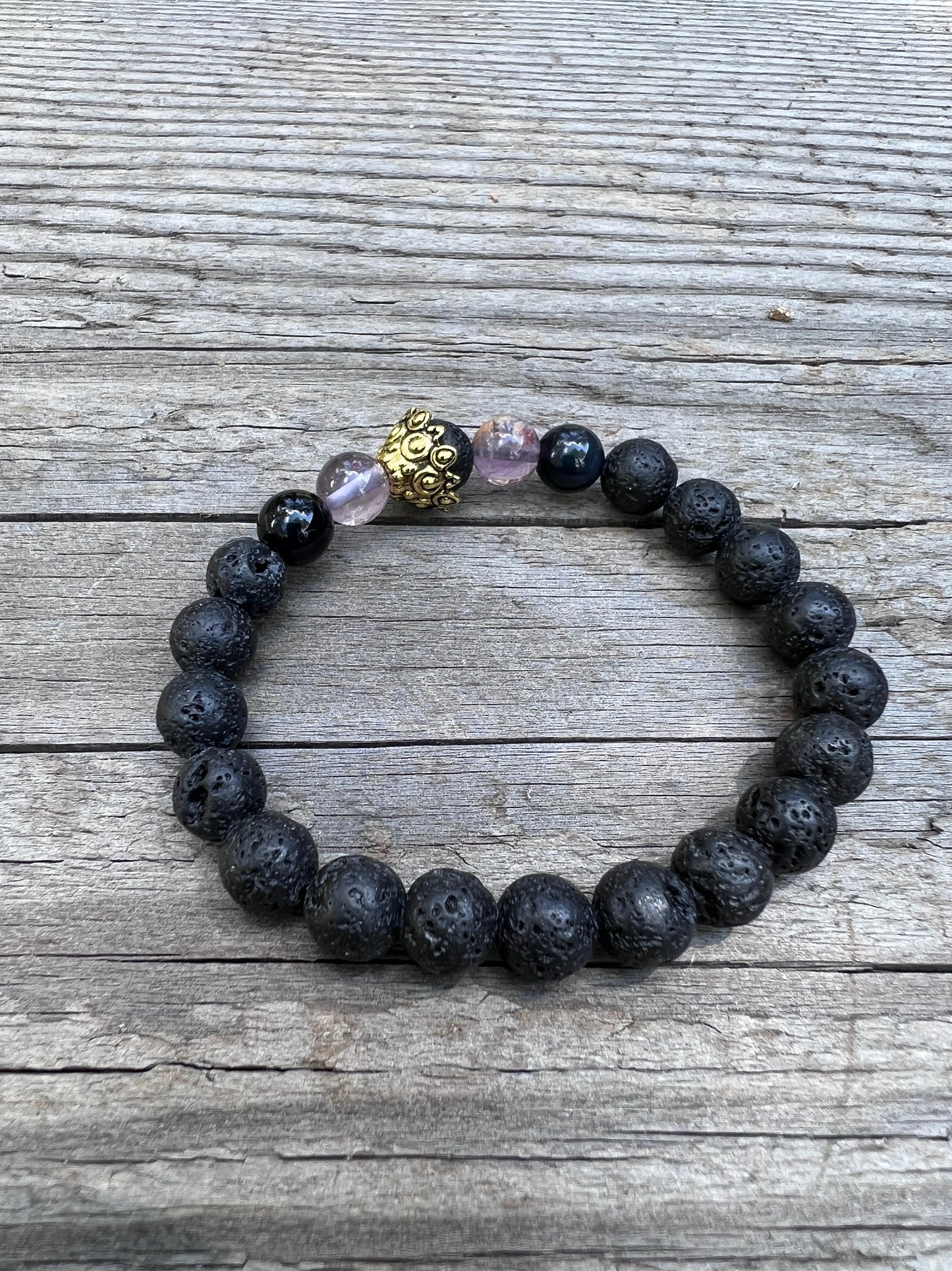 Amethyst pendant, agate & lava beads with elephant. Gold plated beads. Elephant spirit ~ 25 ~ Learn from the past.
