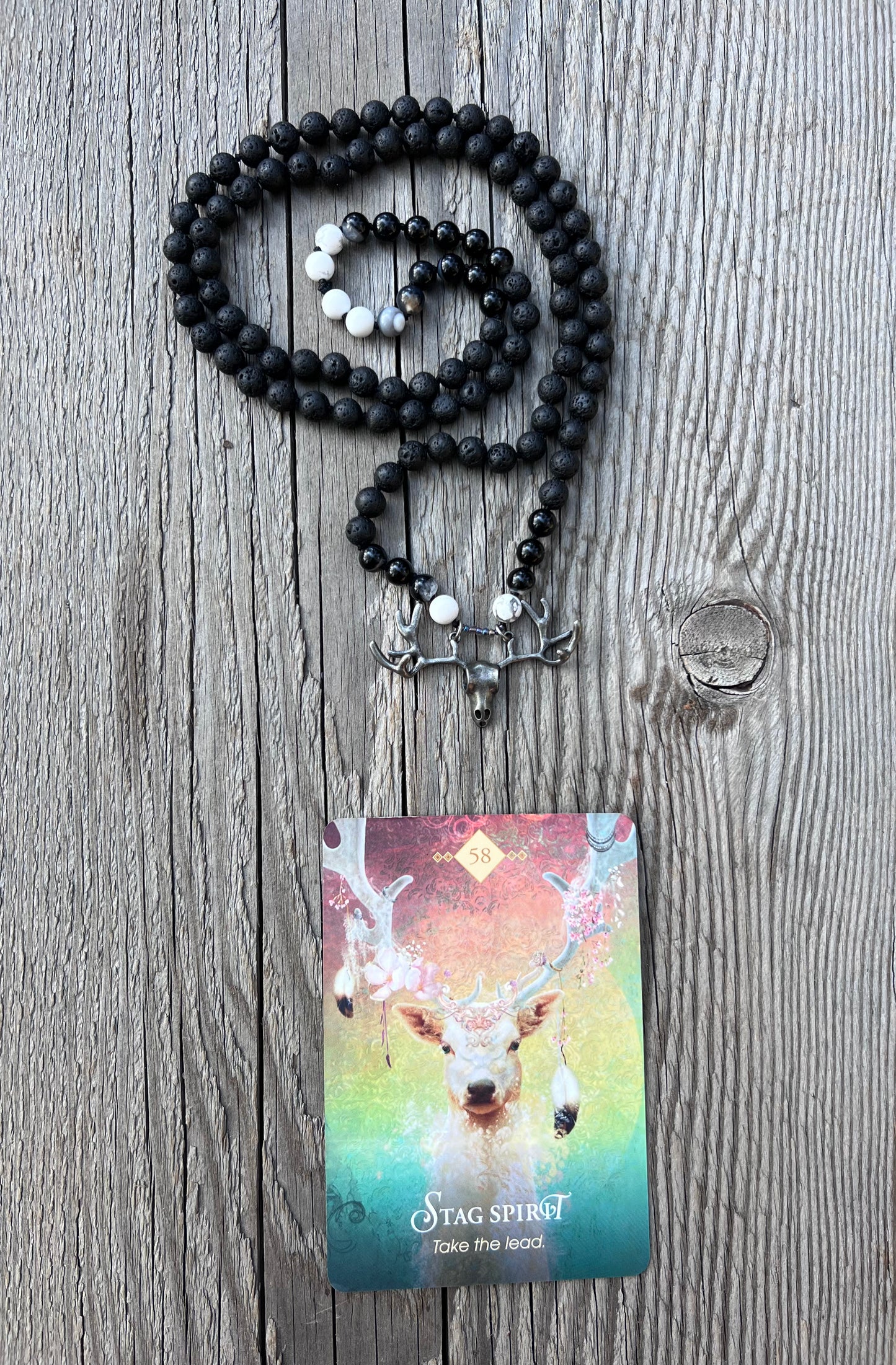 Stag spirit ~ 58 ~ take the lead. Lave, agate, howlite mala & bracelet. Antlers to rebirth, bones to blood, movement to ash, life & death, light & dark mala