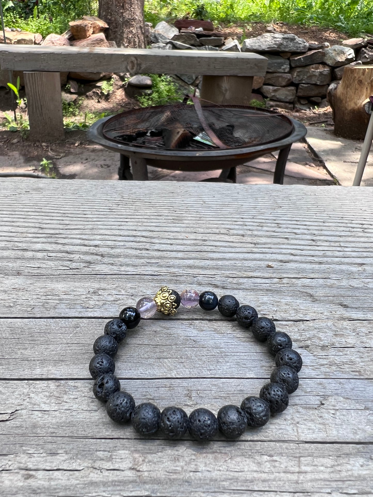 Amethyst pendant, agate & lava beads with elephant. Gold plated beads. Elephant spirit ~ 25 ~ Learn from the past.
