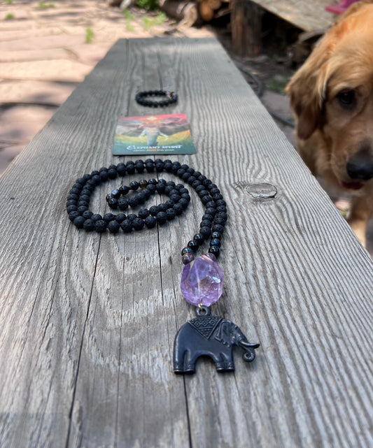 Amethyst pendant, agate & lava beads with elephant. Gold plated beads. Elephant spirit ~ 25 ~ Learn from the past.