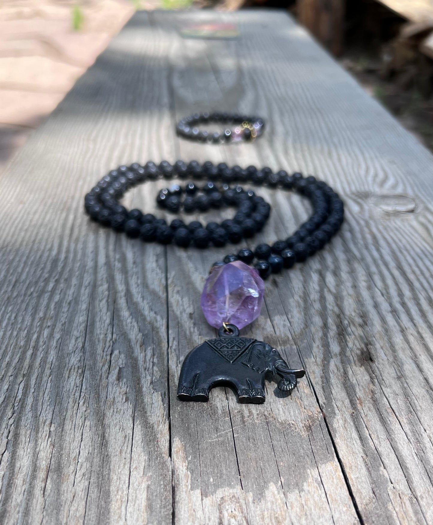 Amethyst pendant, agate & lava beads with elephant. Gold plated beads. Elephant spirit ~ 25 ~ Learn from the past.