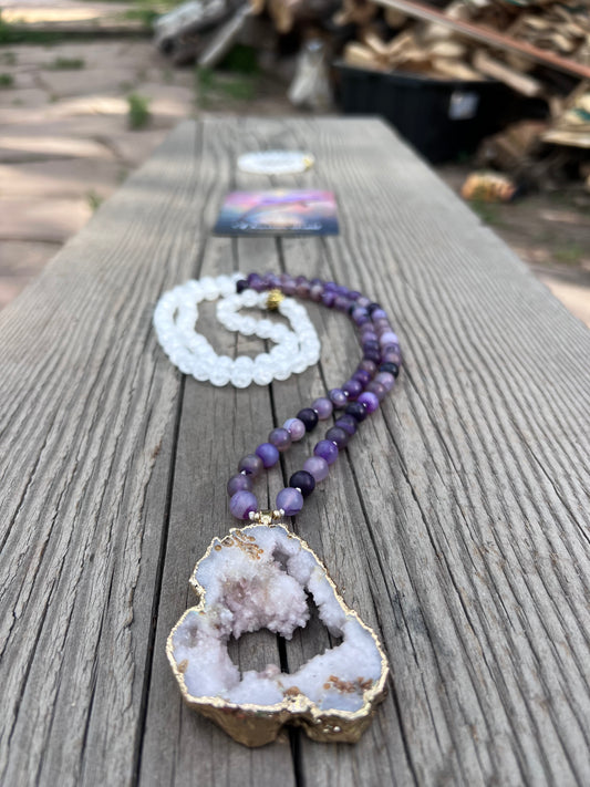 Agate, quartz mala with gold plated beads. Ode to Martha’s Vineyard from quartz mountain, Colorado