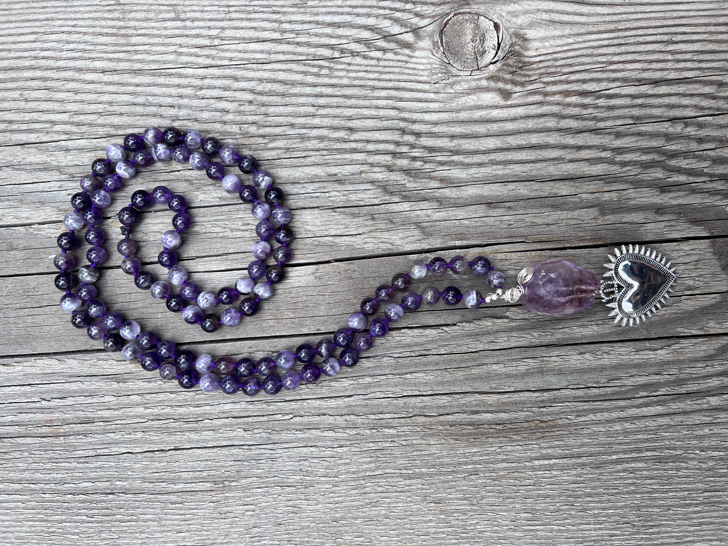 Amethyst, beads and pendant. Sterling silver plated heart pendant. Receiving love, learning <3