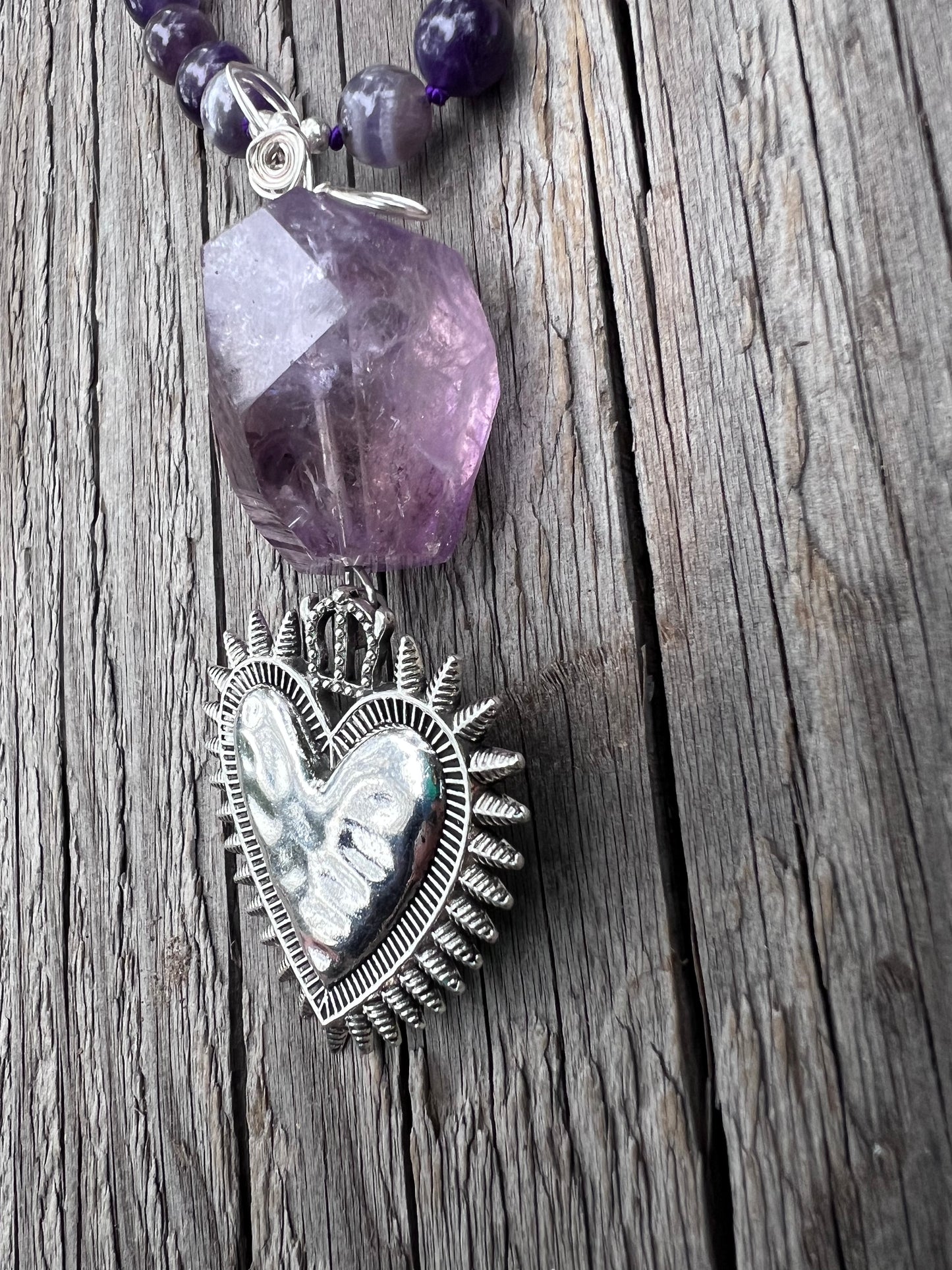 Amethyst, beads and pendant. Sterling silver plated heart pendant. Receiving love, learning <3