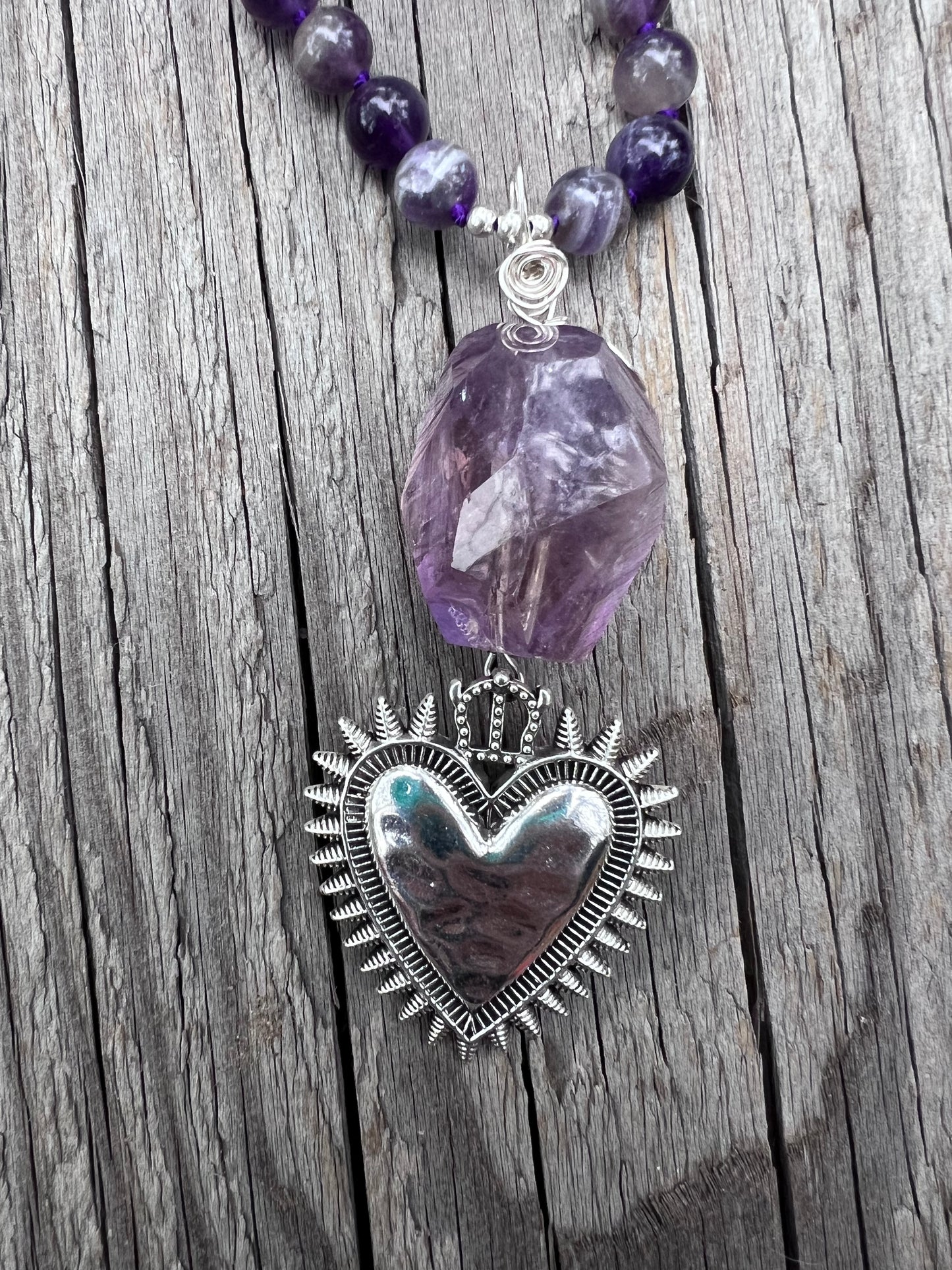 Amethyst, beads and pendant. Sterling silver plated heart pendant. Receiving love, learning <3