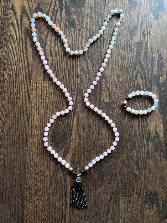 Mala & bracelet, rose quartz, agate, & sea shells ~ Courage to Trust in the Power of Love