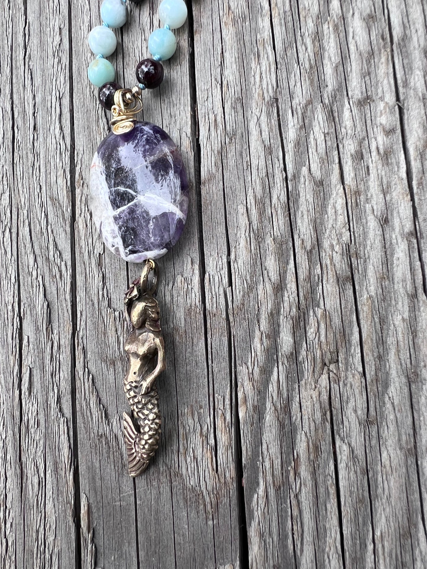 Mermaid spirit ~ 8 ~ infinity. Amazonite round beads with amethyst and garnet. Amethyst & brass mermaid pendant. Brass beads.