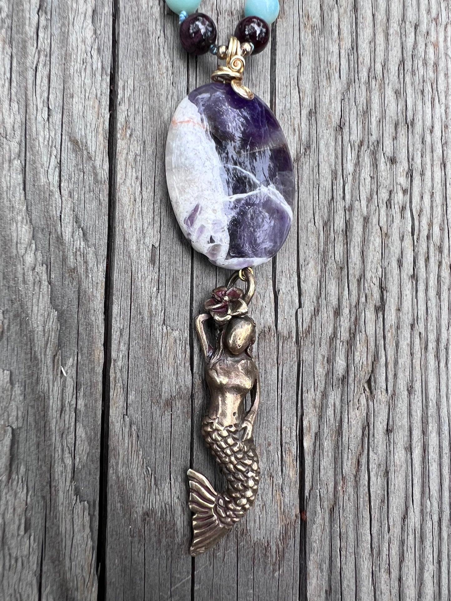 Mermaid spirit ~ 8 ~ infinity. Amazonite round beads with amethyst and garnet. Amethyst & brass mermaid pendant. Brass beads.