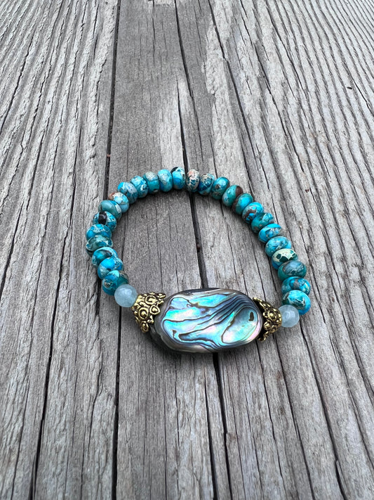 Sea shell, jasper, & quartz bracelet. Gold-plated beads ~ In Flow
