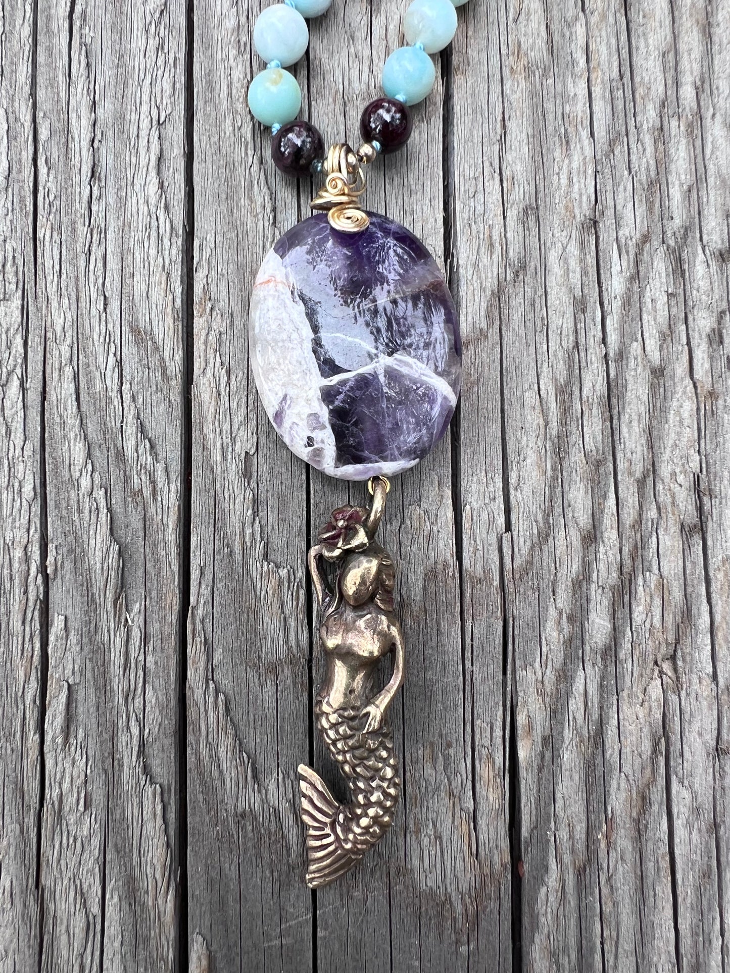 Mermaid spirit ~ 8 ~ infinity. Amazonite round beads with amethyst and garnet. Amethyst & brass mermaid pendant. Brass beads.