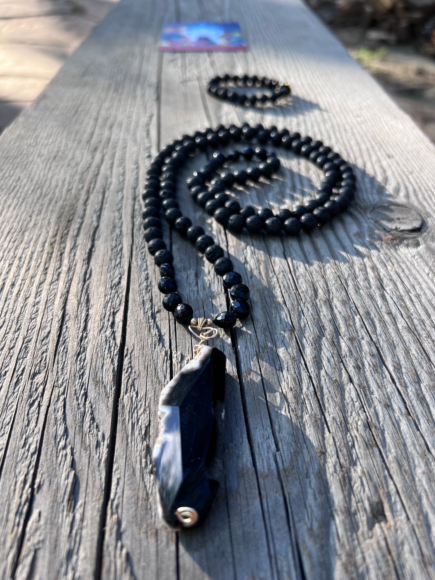 Shadow support, walking through thickness and challenge with light Lava mala & bracelet with agate. Gold plated beads.